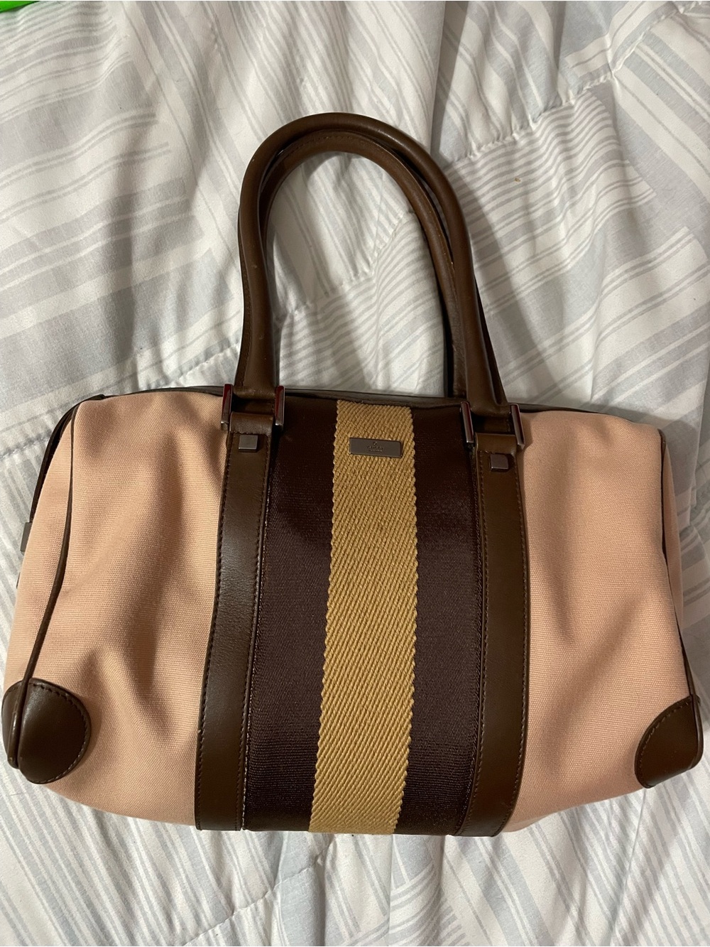 Gucci Peach Fabric Boston with Brown Leather Trim